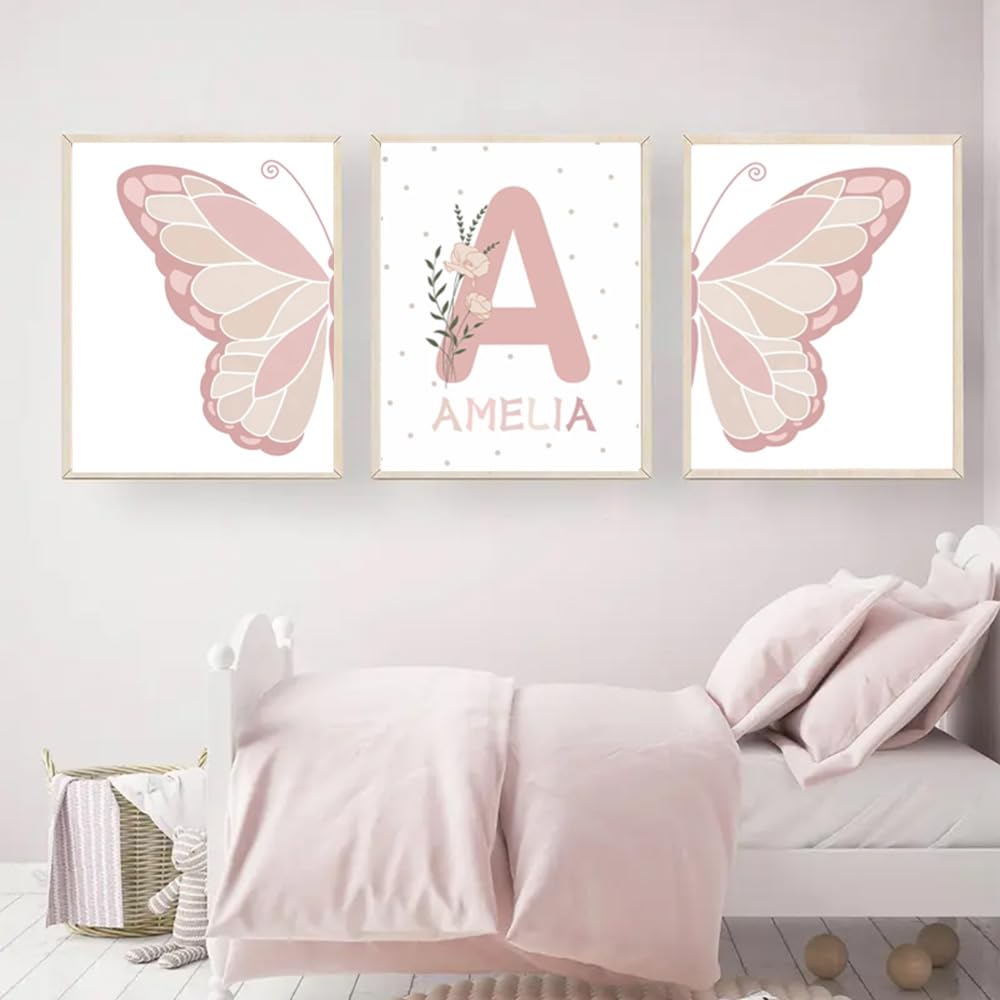 Generico 3 Quadri Personalizzati Nome Nascita Stampe Bimba Farfalla Rosa 30x 40 cm Quadro Cameretta Bambina Decorativi da Parete Bambini Poster Camera Ragazza Ragazzo Regalo Tela senza Cornice