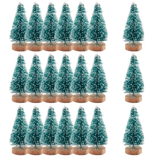 24 Pièces Sapins de Noël Décoration 5cm Mini Sapin de Noël Vert Petit Arbre de Noël Artificiel Bouteille Sapin de Noël avec Base en Bois pour Décoration de Table DIY Miniature Sapin Noël Déco Fête