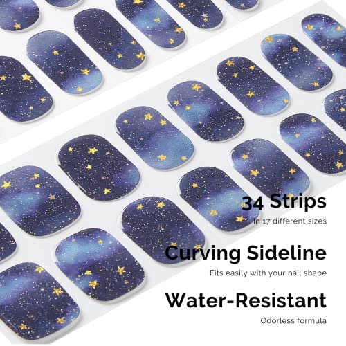 Nailog Semi Cured Gel Nail Strips 34 Pcs| Long Lasting Nail Polish Sticker Wraps With Glossy Gel Finish, Starry Night #TOP2
