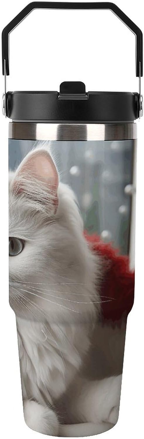 Cute White Cat Water Bottle 30 Oz Fits Car Cup Holder,Insulated Coffee Mug Large Capacity Car Cups,Stainless Steel Double Wall Sport Bottle for Travel Sports Gym