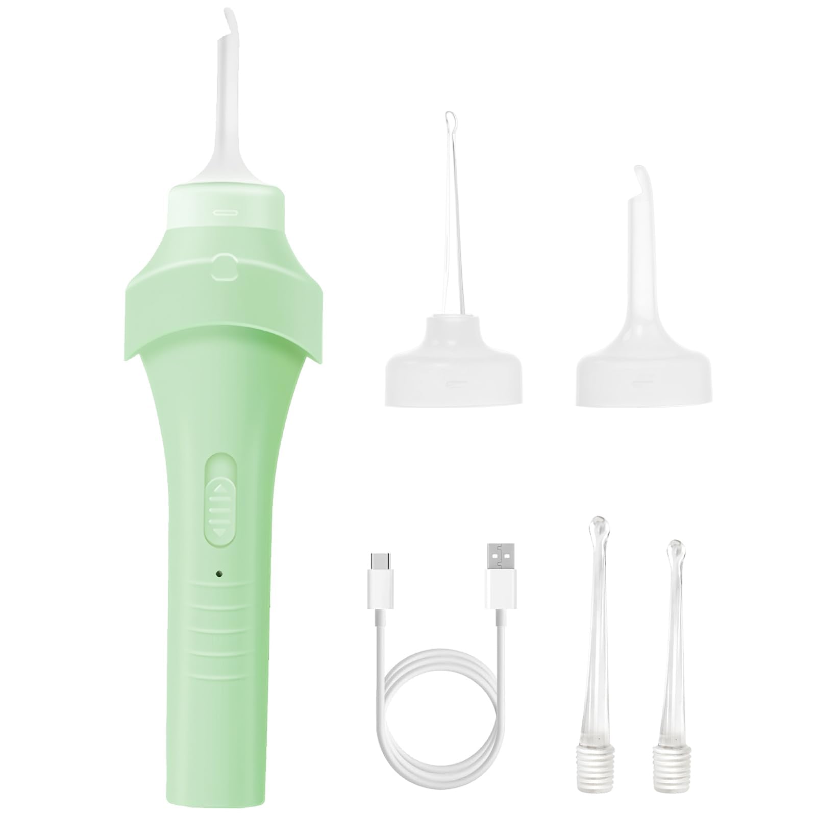 Limpiador de Oídos Eléctrico con Luz LED, Aspirador de Cera Oídos Verde, Kit de Extracción con 4 Cucharas de Repuesto, Removedor de Cera Portátil Suave y Seguro para Adultos y Niños