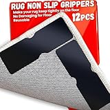 Rug Non Slip Grippers, Reusable Rug Tape Pads for Hardwood Floors, Laminate Floor, Tiles, No Residue on Flooring, Corner Grippers Carpet Tape for Area Rugs, Keep Corners Flat (12)