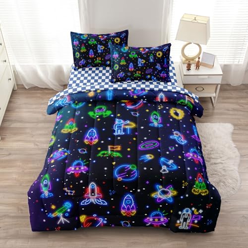 Listado de Ropa de cama infantil que puedes comprar esta semana. 45 Leaflin Space - Juego de ropa de cama para niños, tamaño individual, edredón de 5 piezas, sábanas y fundas de almohada, ropa de cama infantil de microfibra suave, cama...