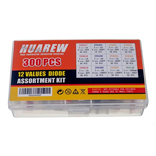 HUAREW 12 Values 300 Pcs Rectifier Diodes 1N4001 1N4002 1N4004 1N4005 1N4007 1N5404 1N5406 1N5408 Schottky Diodes 1N5817 1N5818 1N5819 Switching Diodes 1N4148 Assortment Kit