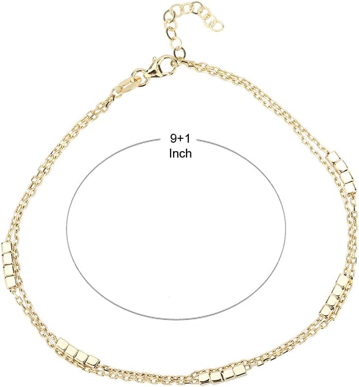 Vanbelle 18K Gold Plated Textured Bar Charm Double Layer Fashion Anklet for Women - 9"+1" extender - Lightweight Gold Plated Ankle Bracelet