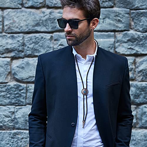 Subiceto 6Pcs Bolo Tie for Men Women Western Cowboy Natural Turquoise Tiger Eye Stone Handmade Shape Round Leather Necktie Vintage Native American Bola Tie Set Wolf