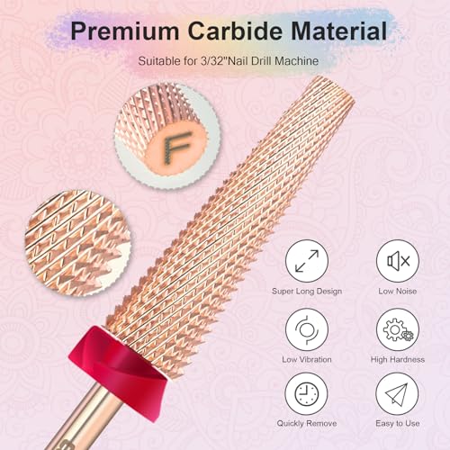 Depvko Super Long 5 in 1 Nail Drill Bits, 3/32\'\' Carbide Tungsten Bits, Two Way Rotate Professional Advanced Safety Bits for Nail, Fast Remove for Manicure Pedicure Cuticle Gel Polishing(F, Rose Gold)