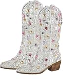 Richealnana Sparkly Gem Rhinestones Calf Mid High Boots for Women Cowboy Cowgirl Boots for Women 2INCH Heeled Pull Tabs Boots Gem Silver Size8