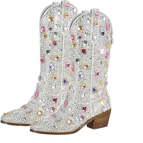 Image of Richealnana Sparkly Rhinestones Cowboy Cowgirl Style Boots Calf High Boots for Women 2INCH Heeled Shining Pull On Tabs