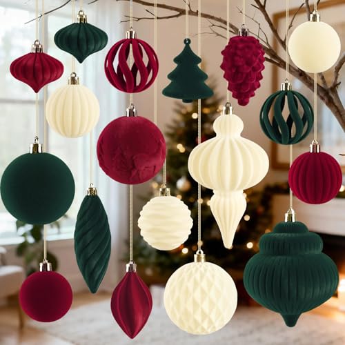 18Pcs Velvet Christmas Tree Ornaments Set, Flocked Hanging Christmas Balls