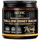 AKOFIC Beef Tallow for Skin, Tallow and Honey Balm, Organic Grass-Fed Beef Tallow for Face with Raw Honey and Beeswax, Body & Face Moisturizer for Dry/Sensitive Skin, Natural Formula, Light Scent