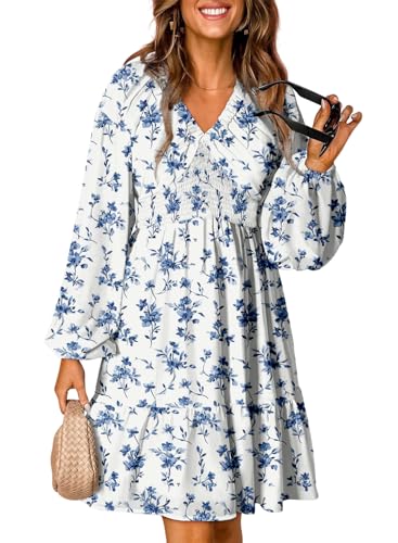 Image of Dokotoo Boho Dresses for Women 2025 Fall Summer Dresses Long Sleeve V Neck Smocked High Waist Babydoll Tunic Dress Casual Cute Weeding Guest A Line Swing Beach Short Sun Dress Sundress White Medium