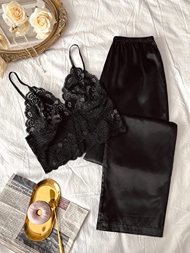 Verdusa Women's 2 Piece Floral Lace Camisole And Satin Pants Nightwear Pj Set Black M #TOP4