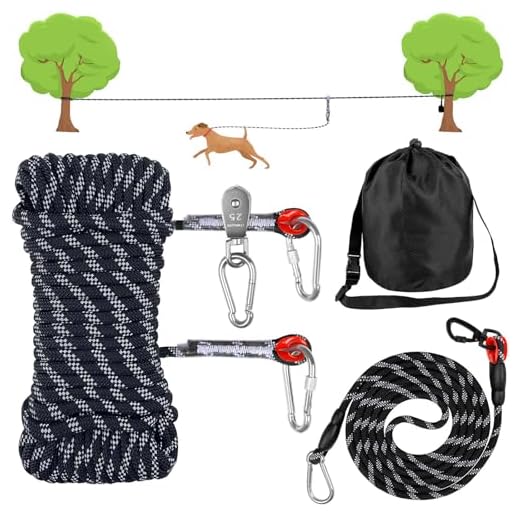 Dog Tie Out Cable for Camping,50ft Portable Overhead Trolley System with 10ft Runner Lead for Dogs up to 200lbs,Portable Reflective Dog Lead Line for Yard, Park and Outdoor (Black)