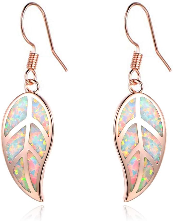 18K White Gold Plated Leaf Opal Dangle Drop Earrings for Women Teen Girls Hypoallergenic Opal Jewelry Gift