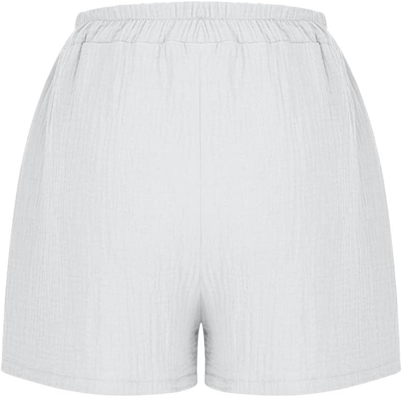 High Waisted Shorts Women Casual Summer Pockets Vintage Solid Lounge Pant | Smocked Elasticated Top, Pull On Closure, Side Slant Openings, Crinkle Textured Weave, Relaxed Fit Beachwear Styling