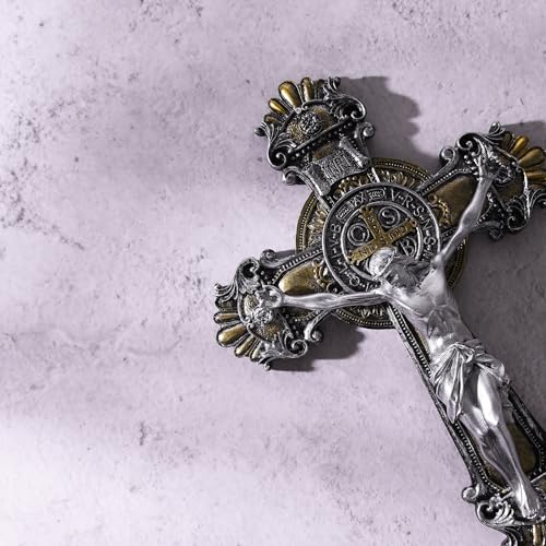 Saint St Benedict Crucifix Medal 2 Tone Wall 10 1/4 Inches, St Benedict Medals Crucifix Wall Cross Large, Hanging Catholic Jesus Christ Cross Wall Decor Religious Gifts, Cruz Del Medalla De San Benito by SHUS LIVE - Image 4
