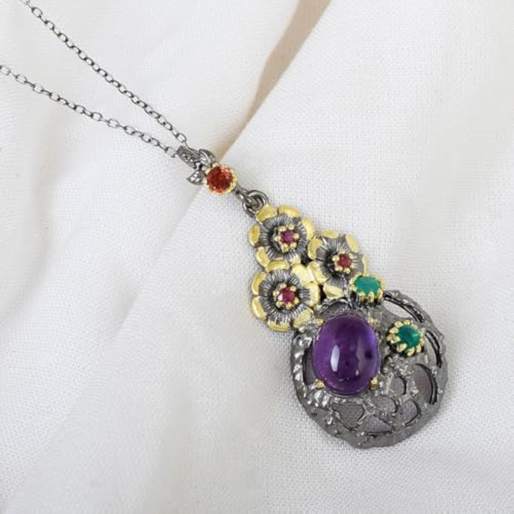Women's Amethyst, Garnet & Green Onyx Flower Pendant Necklace