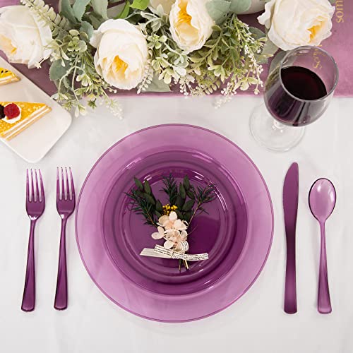 Wdf 25 Guest Purple Plastic Plates With Purple Plastic Silverware & Purple Plastic Cups -Neon Clear Purple Plates Include 25 Dinner Plates,25Salad Plates,25Forks, 25Knives,25 Spoons,25Cups #TOP2