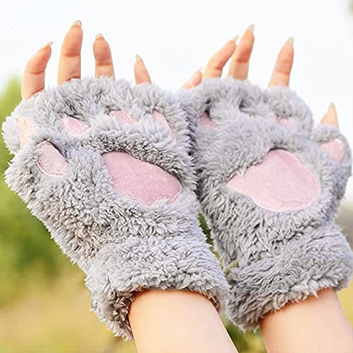RackboneFleece-Handschuhe für Damen, Katzenpfotenhandschuhe, Kunstfell-Winterhandschuhe, warm, halber Finger, niedlich, Cosplay, Cartoon-Handschuhe, grau