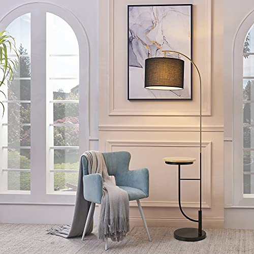 Versanora Danna Real Marble Based Led Arc Floor Lamp With Wood Bedside Nightstand End Table And Built-In Usb Charging Port For Living Room Sofas Bedroom, 65 Inch Height, Black Shade #TOP1