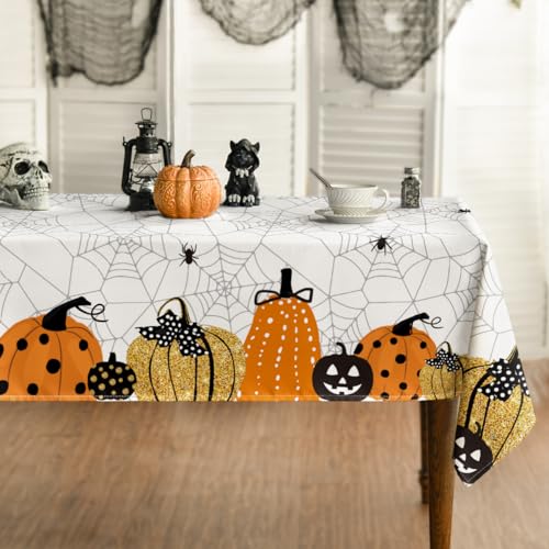 Horaldaily Halloween Tablecloth 60X84 Inch Rectangular, Jack-O-Lantern Pumpkin Cobweb Scary Themed Washable Table Cover For Party Picnic Dinner Decor cover