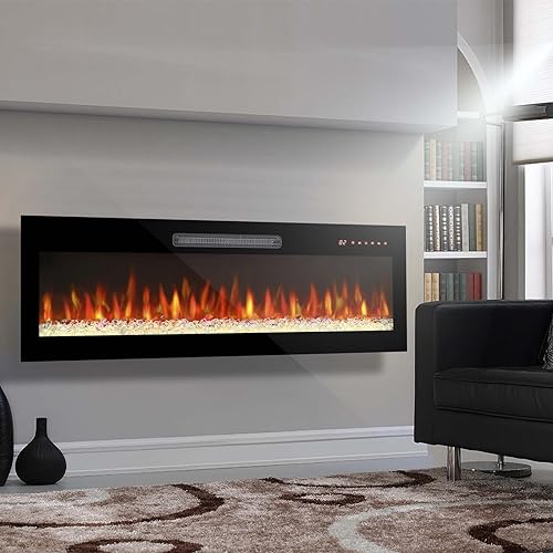 42 Inch Ultra-Thin Electric Fireplace, Recessed and Wall Mounted Fireplace, LED Light Heater with Remote Control, Tempered Glass Front Electric Fireplace with Multi Color Flame & Emberbed (42 inch)