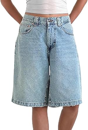 NUFIWI Women Baggy Denim Bermuda Shorts Y2k Straight Denim Shorts | Jean Shorts Womens, Wide Leg, Short Pants, Vintage, Casual, Knee Length, Long Jorts with Pockets, Oversized, Trendy