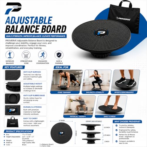 Image of Adjustable Balance Board for Core Training & Fitness - 17x17 Wobble Board with Anti-Slip Rubber Base & Carry Case, Black - Exercise Equipment for Stability, Physical Therapy & Workout
