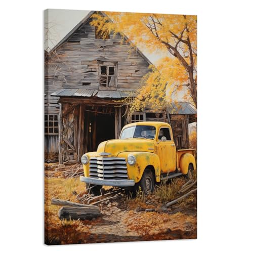 Farmhouse Canvas Wall Art, Old Farmhouse Barn with Old-Fashioned Yellow Pick-Up Truck Poster Print Modern Abstract Rustic Painting Picture for Lounge Bedroom Decor(Artwork-03, 12"x18")