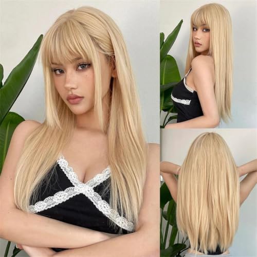 Long Blonde Straight Synthetic Wig With Bangs, Layered Heat Resistant