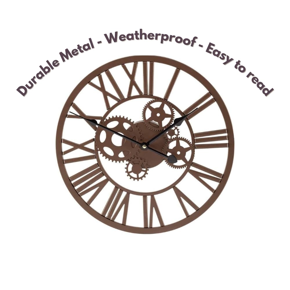 garden mile Orologio da parete tradizionale con numeri romani in stile vintage marrone impermeabile a batteria, grande metallo retrò a ingranaggio rotondo scheletro orologi da parete giardino patio