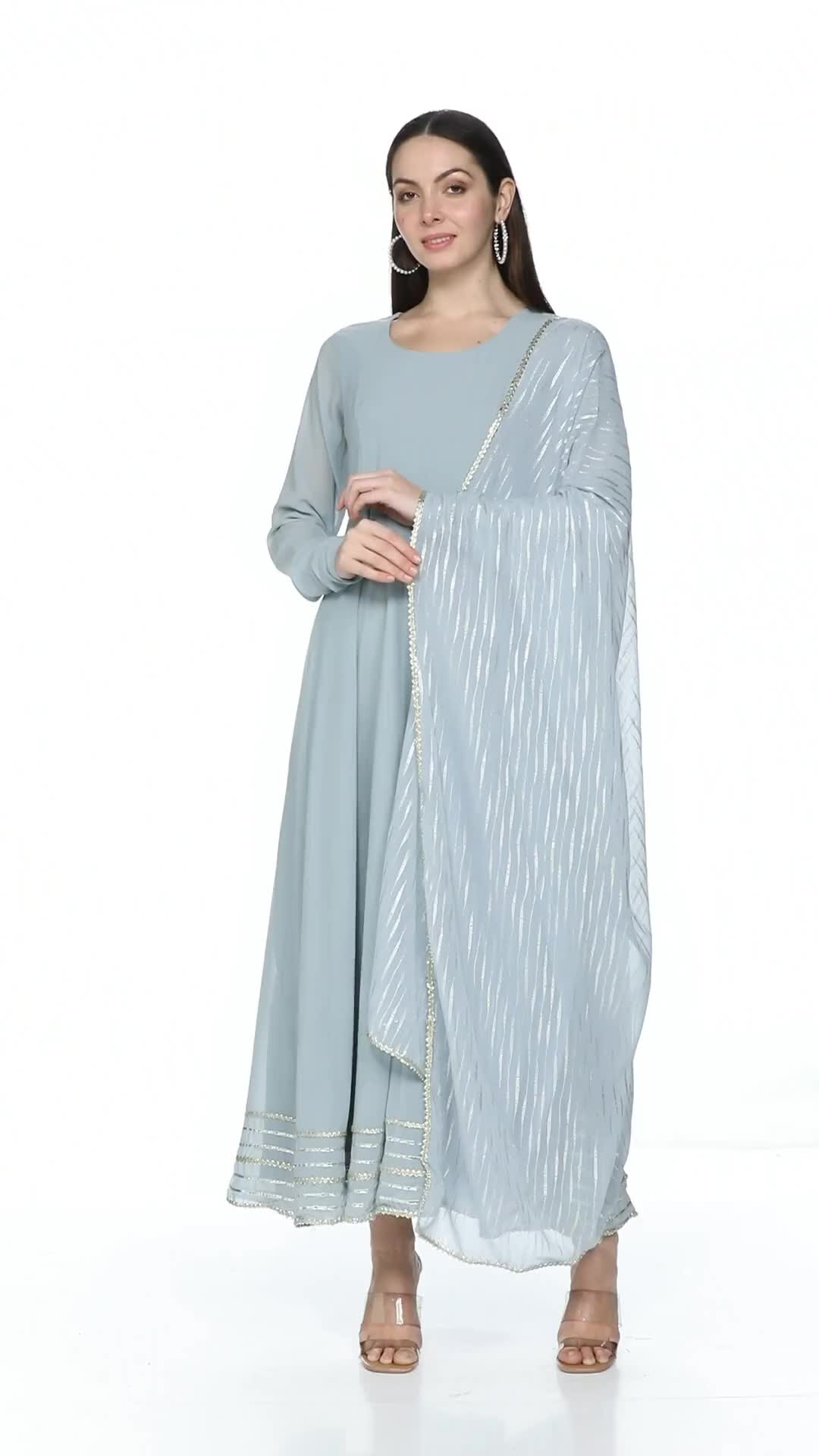 ka様 Janasya Women's Grey Poly Georgette Solid Kurta with Dupatta
