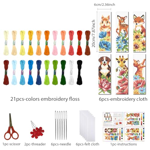 Image of FREEBLOSS 6 Set Cross Stitch Bookmark Kit Stamped Cross Stitch Kit for Beginners Embroidery Set with Instruction for Adult Dog, Squirrel, Giraffe, Deer, Fox, Cat, Flowers 8 inch*2.4 inch