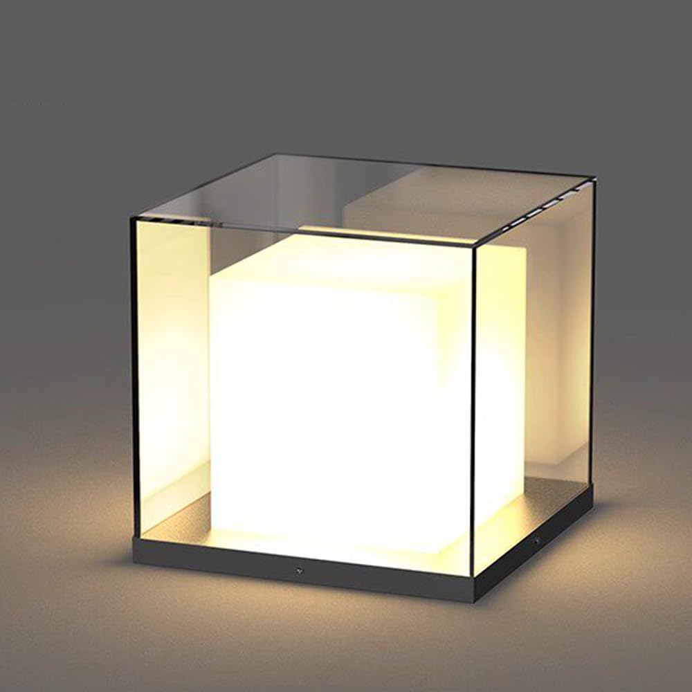 HCIPJQY Unique Transparent Lampshade Waterproof Post Lights Fence Post Deck Lighting Simple Pillar Table Light Double Acrylic Post Lantern, Contemporary Square Exterior Light for Yard, Driveway