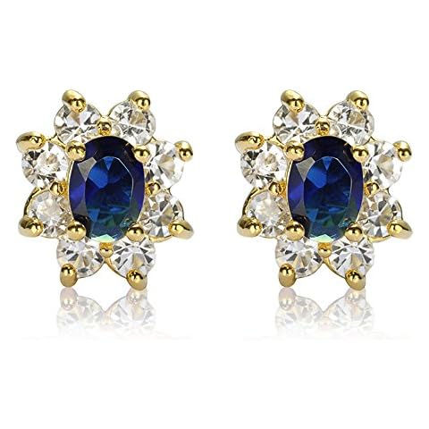 [RIZILIA BLOSSOM] Stud Pierced Earrings with Oval Cut Gemstones CZ [Blue Sapphire] in 18K Yellow Gold Plated, Simple Modern Elegance Cover