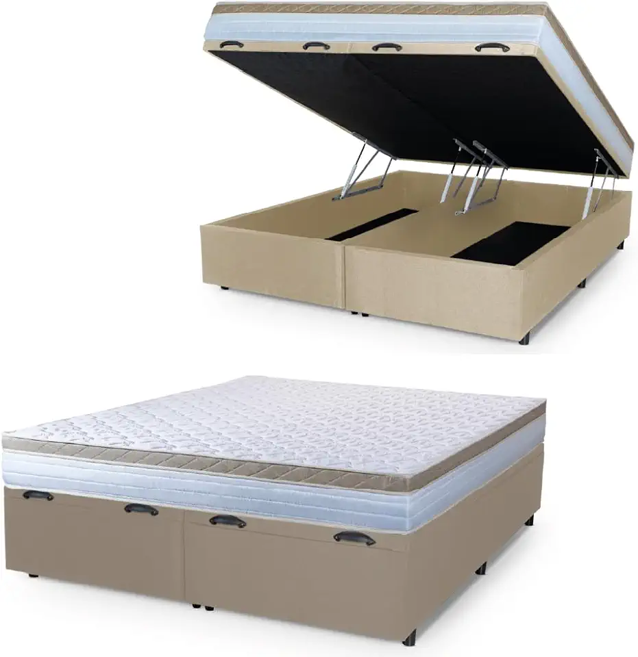 Cama Box Baú Casal King Colchão Com Molas Ensacadas 193x203x63cm Dunas Branco/Bege Hellen