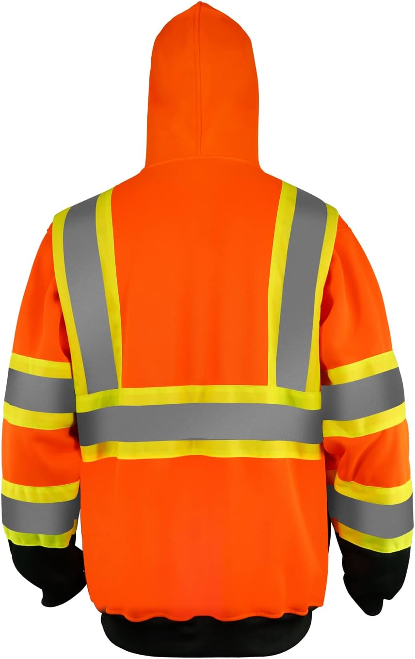 Pomerol High Visibility Safety Reflective Fleece Hoodie, ANSI Class 3 Hi-Viz Safety Jacket for Men, Full Zip Reflective Sweatshirt with Black Bottom, Orange, Large : Tools & Home Improvement