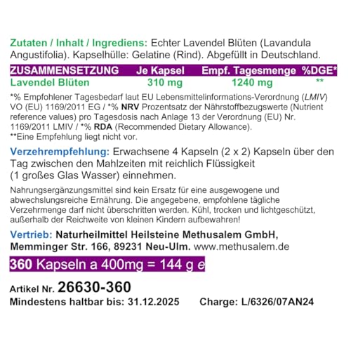 LAVENDEL 360 Kapseln [NERVEN-KRAUT] Blüten Pulver pur nach Hildegard von Bingen - Beruhigung + Entspannung & schöner Schlaf + GUTE NACHT. NATUR pur [ohne ZUSATZSTOFFE] 26630-360