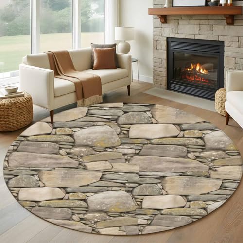 6 Ft Round Rug for Living Room, Brown Stone Wall