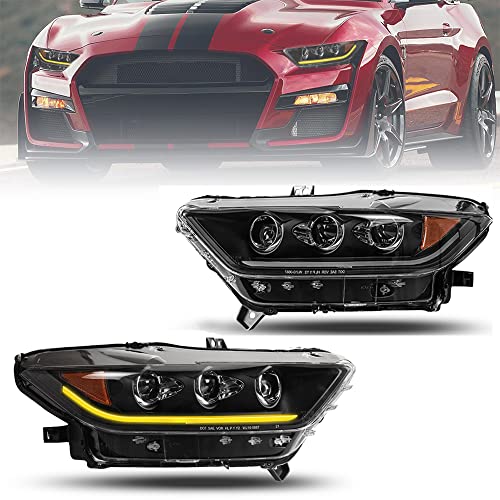 CPW Headlights Assembly for [2015-2017 Ford Mustang][2015-2017 Ford Shelby GT350][2020 Ford Shelby GT500] DRL Sequential Turn Signal Lights Amber Reflector Projector Dual Beam