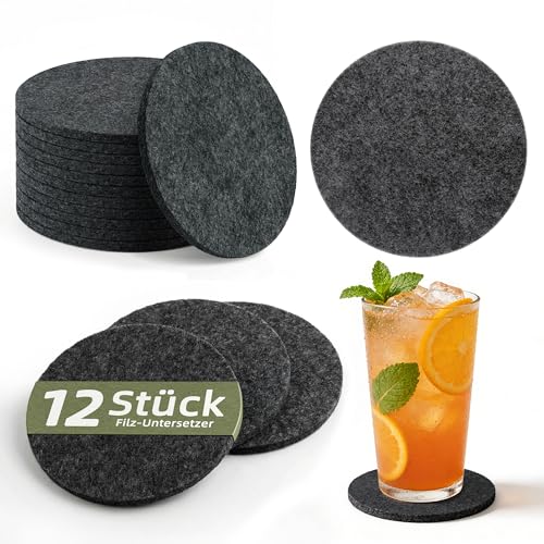 HELIMIAO Filz Untersetzer Gläser Rund, 5mm Extra Dicke Glasuntersetzer für Getränke, Waschbar Tischuntersetzer, Platzsets für Bar, Tassen, Vasen, Dunkelgrau 12 Stück