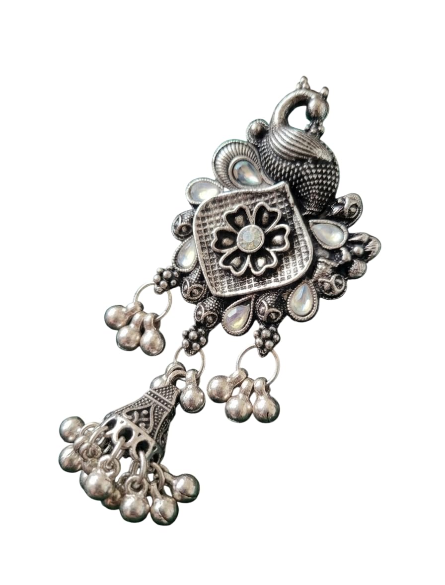 Harishree Enterprise Handcrafted Tribal Style Flower & Peacock Saree Pin - Silver Toned-image-25