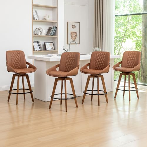 Image of Bar Stools Set of 4, 29.5 Inch Mid Century Modern Retro Swivel Bar Stools, Faux Leather Upholstered and Walnut Wood Frame for Bar /Pub /Island (Brown, 29.5 inch-4 PCS)