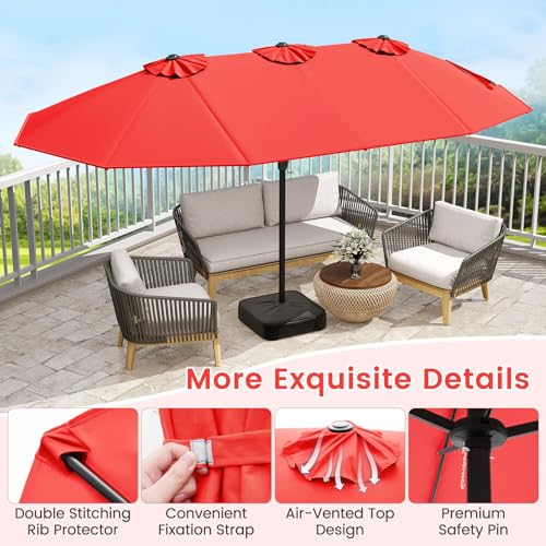 Image of Tangkula 15FT Double-Sided Patio Umbrella with Base, Extra-Large Market Umbrella W /Crank System, Outdoor Twin Umbrella W / 12-Rib Metal Structure & Air Vents for Garden, Backyard, Poolside