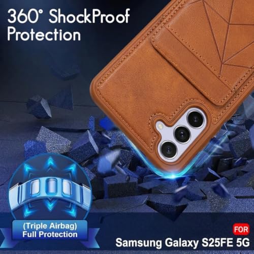 Image of amazon basics Premium Vegan Leather Back Cover with Card Holder and Integrated Mobile Stand for Samsung Galaxy S25FE 5G - Slim Shockproof Wallet Case with Geometric Stitching [Tan]