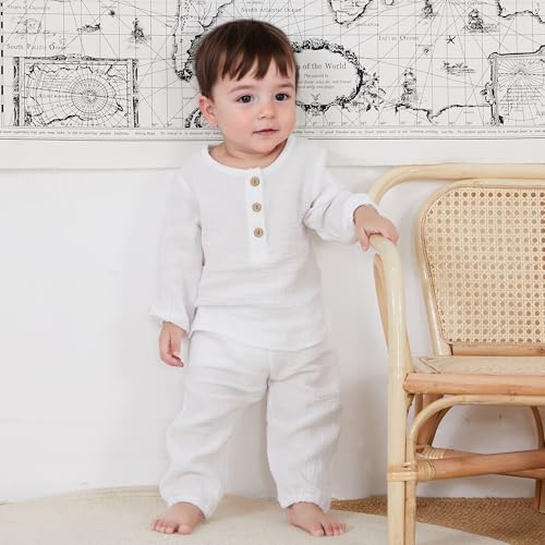 Image of VISGOGO Toddler Boy Linen Outfit Baby Boy Fall Winter Clothes Set Button-Down Shirt Tops Cotton Linen Pants 2PCS