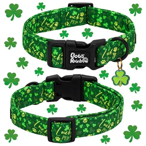 Image of St Patrick's Green Letter Trefoil Dog Collar for Small Dogs | Daily Walks,Irish Parade,Spring Picnic Hiking,Adjustable,Cotton Fabric,Quick Release Plastic Buckle,Pendant,Female /Male Dog