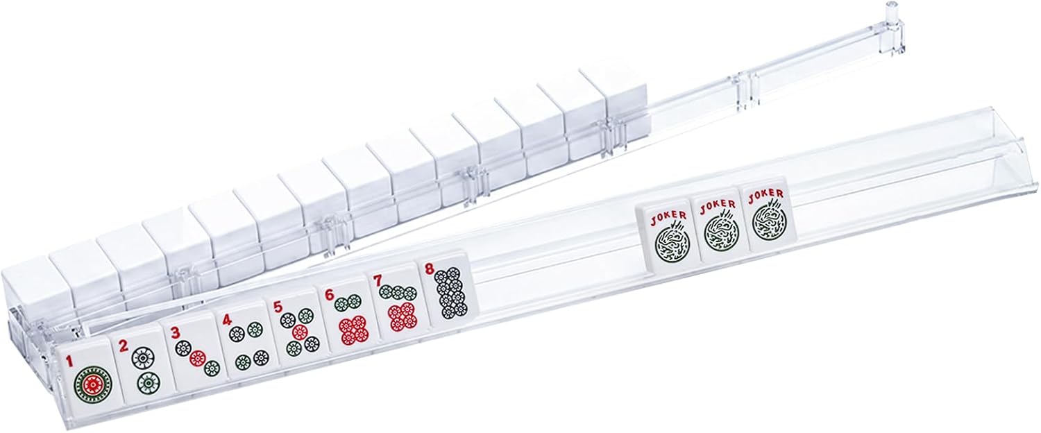 Mahjong All-in-One Tile Rack & Pusher, Clear Acrylic Mahjong Rack and Pusher Combo, Modern American Mahjong Tile Racks, Set of 4, White