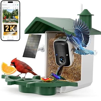 Smart Bird Feeder with Camera Solar Powered, 2K Bird Watching Camera, AI Identify Birds Species, Auto Capture Videos, Instant Alerts, Garden Decor, Gifts for Mom Dad & Bird Lovers